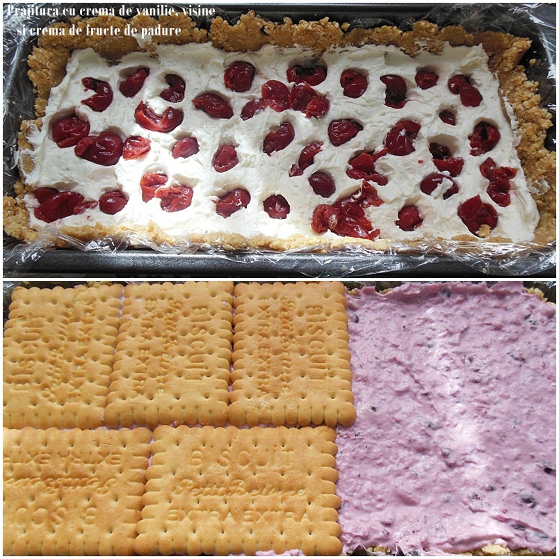 Prajitura cu crema de vanilie, visine si crema de fructe de padure