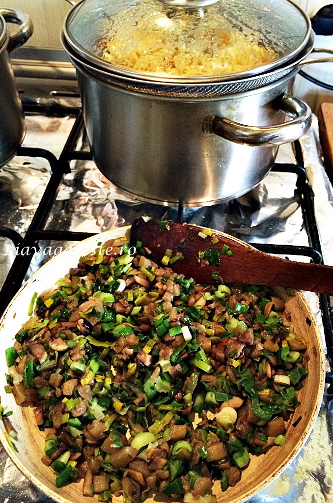 Paste, cu ceapa verde si ciuperci