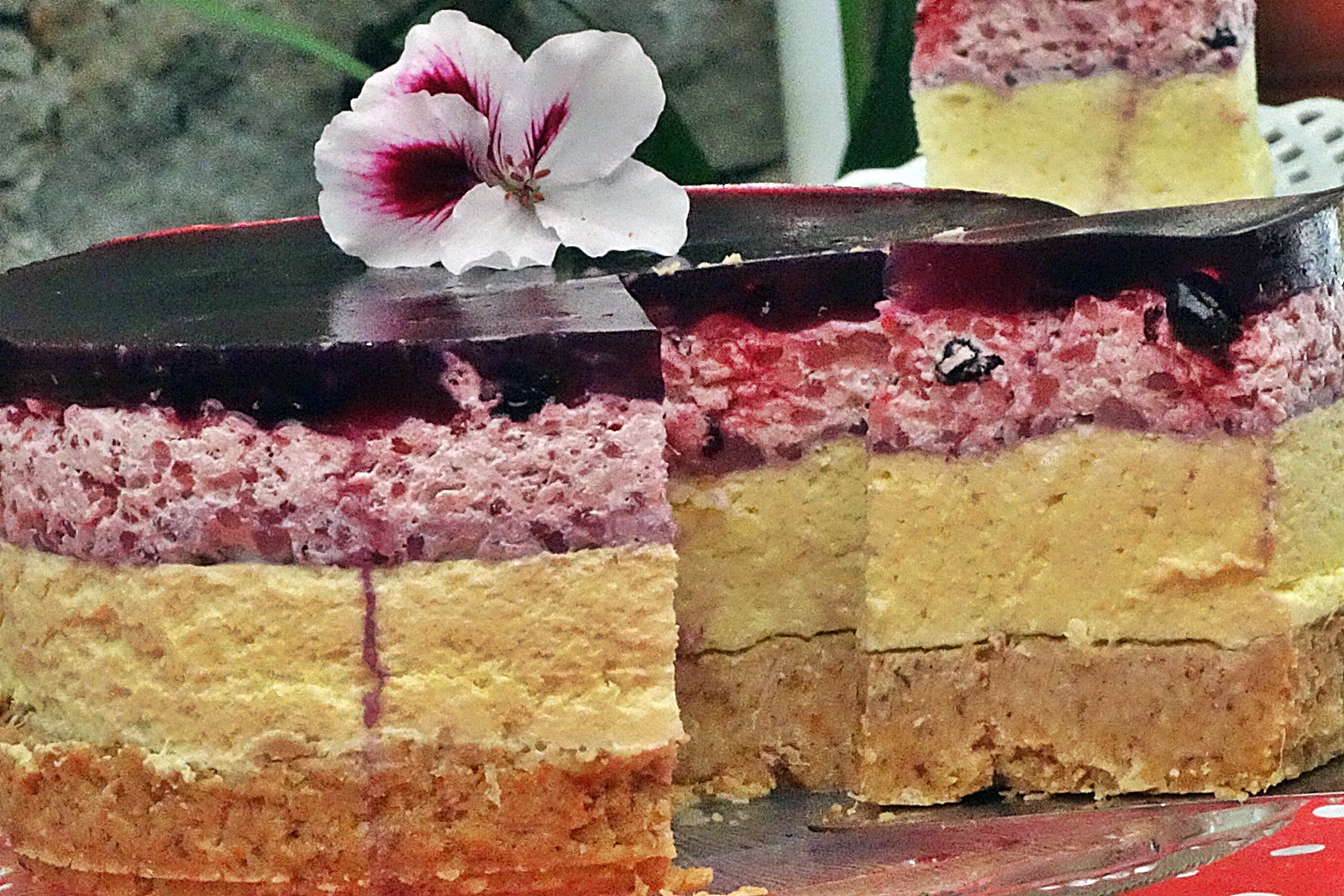 Cheesecake cu piure de ananas, perle de tapioca si dulceata de coacaze