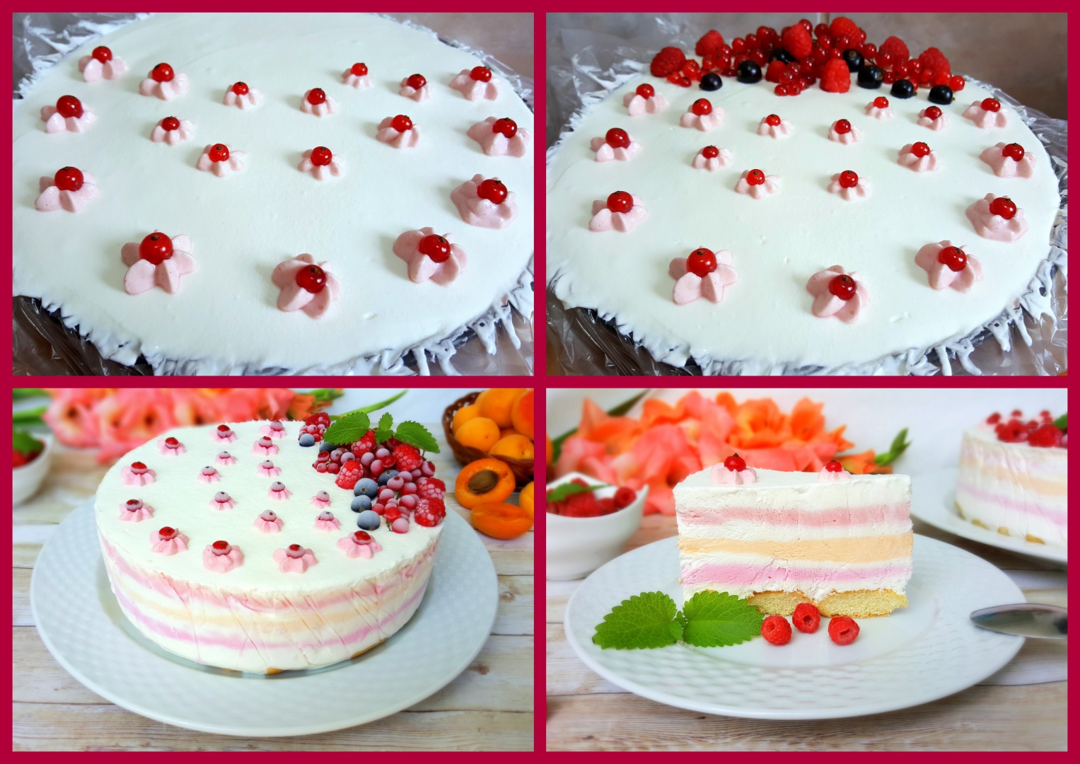 Tort de inghetata cu coacaze rosii, caise si zmeura