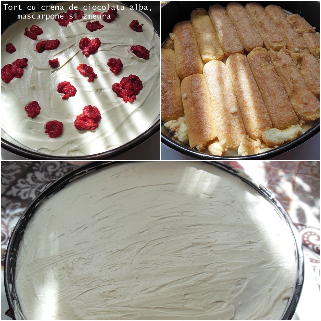 Tort cu crema de ciocolata alba, mascarpone si zmeura