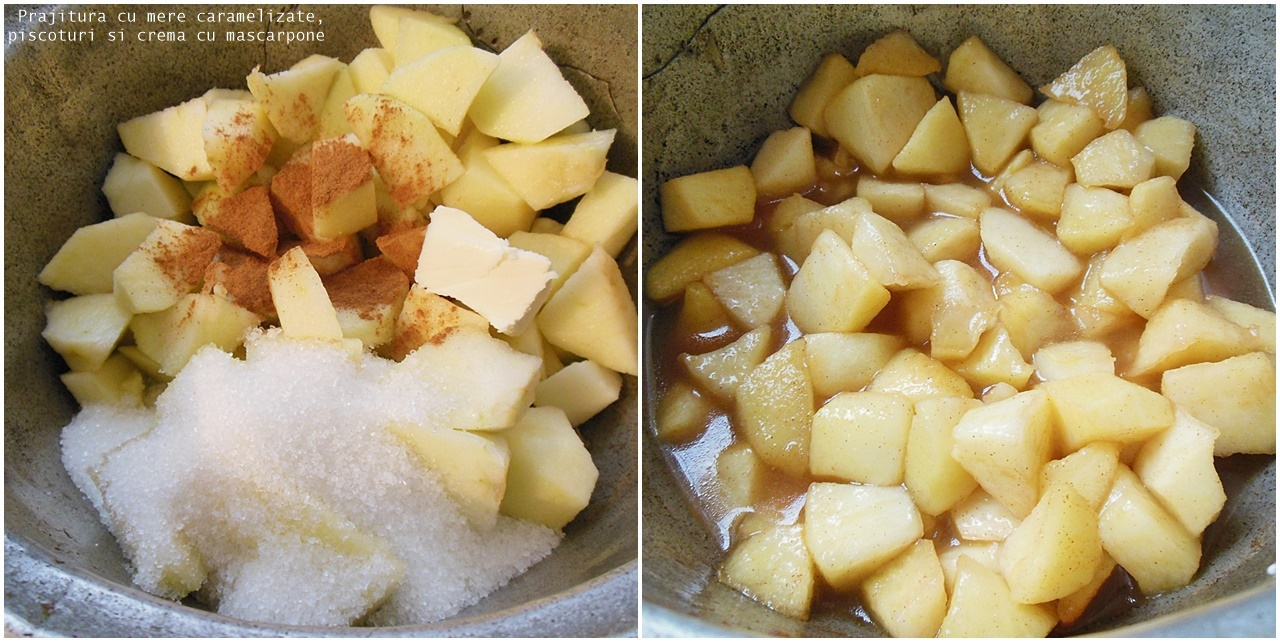 Prajitura cu mere caramelizate, piscoturi si crema cu mascarpone