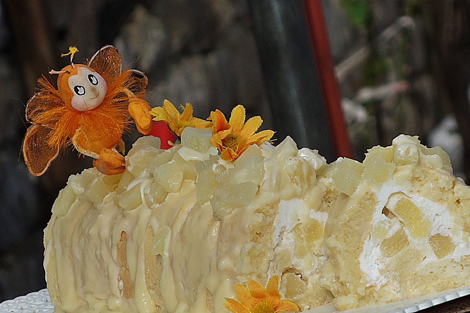 Rulada cu blat din piscoturi in manta de ciocolata alba