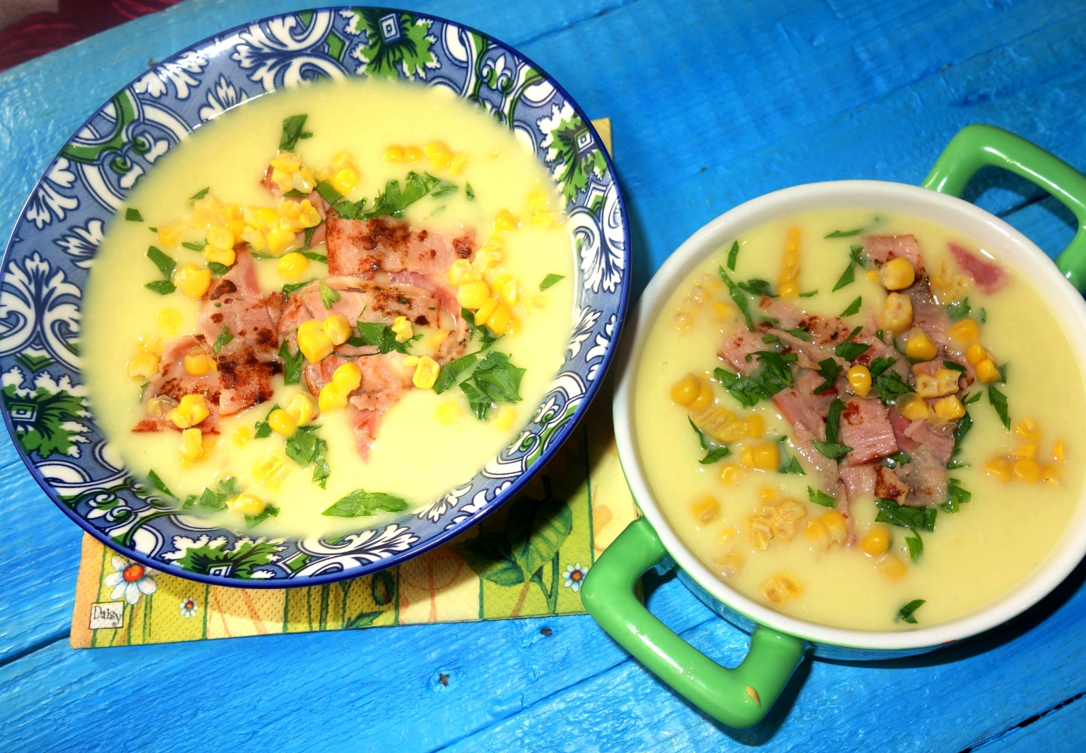 Supa crema de cartofi cu bacon si porumb