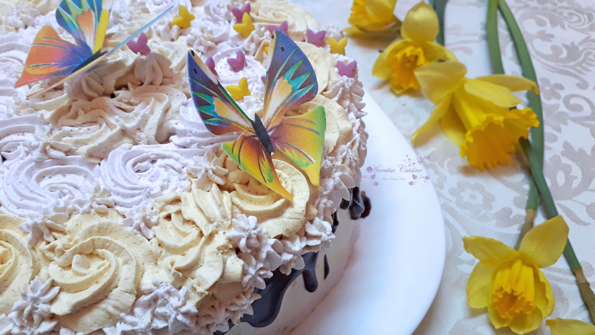 Tort duo, cu nuci, cacao si crema de lamaie