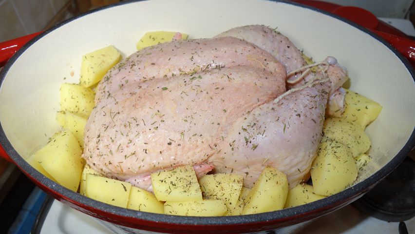 Pot roast, pui grecesc cu lamaie pe pat de legume gatit in cratita de fonta