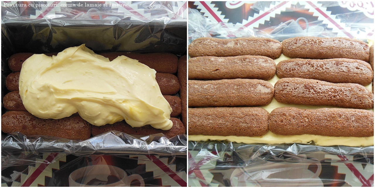 Prajitura cu piscoturi, crema de lamaie si zmeura