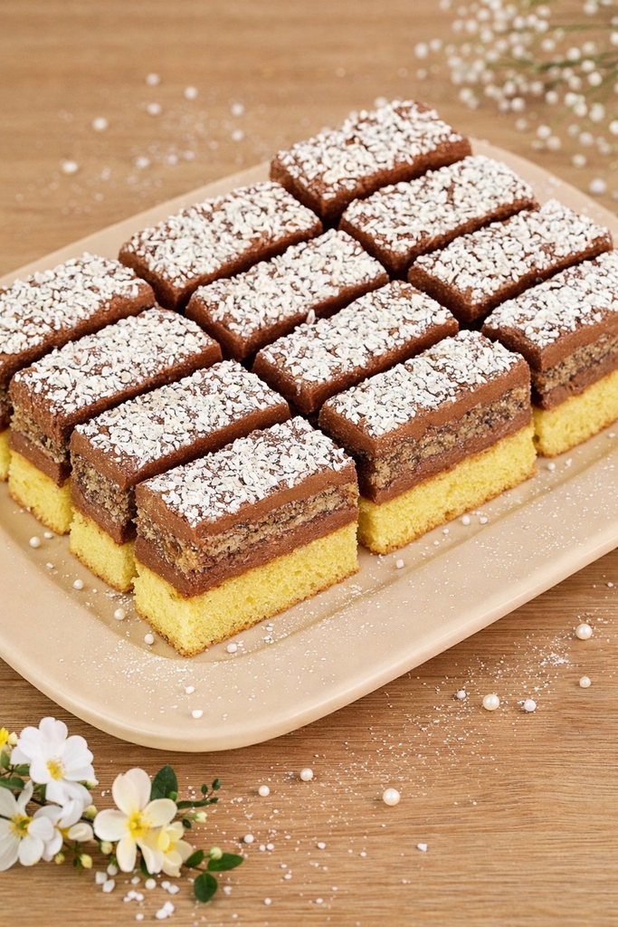 Prajitura Regina Maria – desert cu blat pufos, bezea cu nuca si crema fina de cacao cu unt