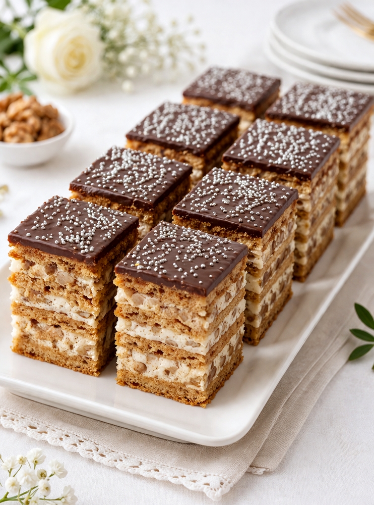 Prajitura cu foi cu miere si crema de smantana cu nuci - reteta pas cu pas