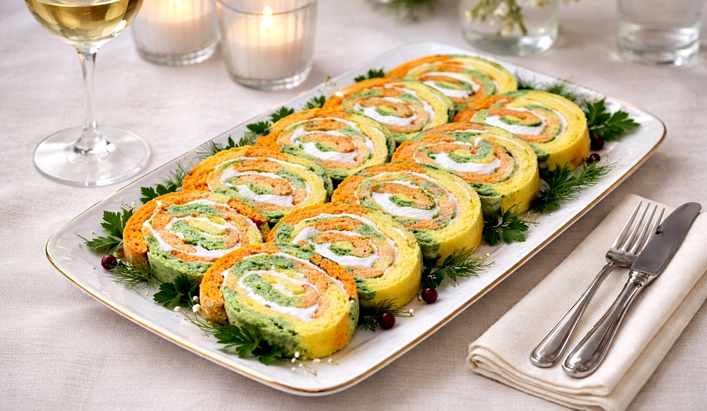 Rulada aperitiv in trei culori - reteta simpla, gustoasa si aspectuoasa