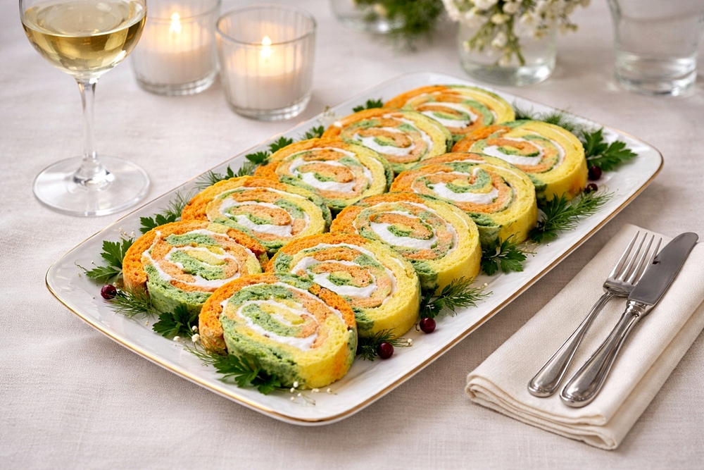 Rulada aperitiv in trei culori - reteta simpla, gustoasa si aspectuoasa