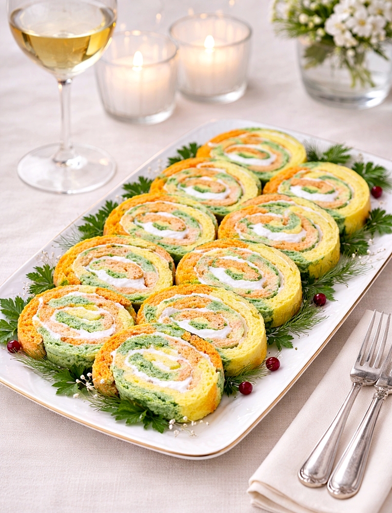 Rulada aperitiv in trei culori - reteta simpla, gustoasa si aspectuoasa