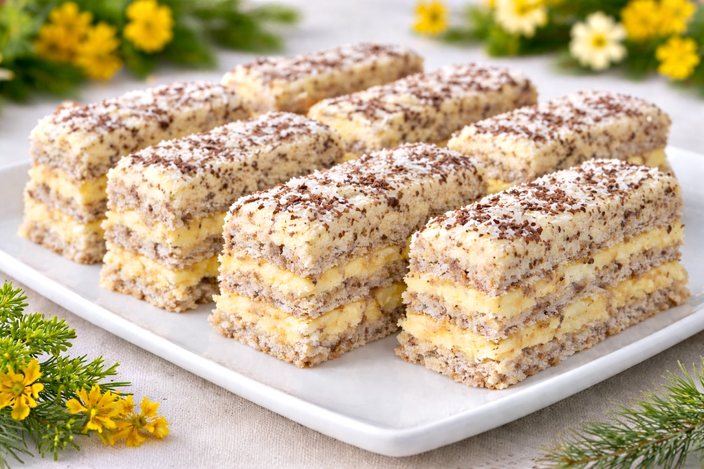 Prajitura Intercontinental - reteta clasica cu foi de bezea si crema fina