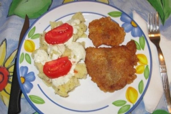 File de pangasius pane, cu sos de smantana si cartofi natur