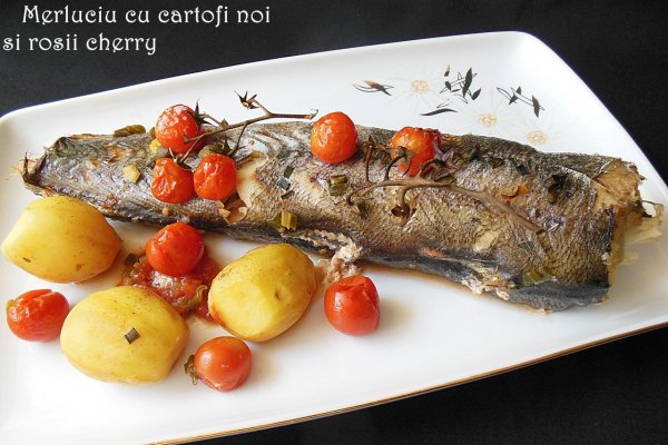 Merluciu cu cartofi noi si rosii cherry
