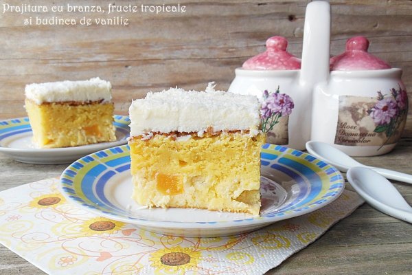 Prajitura cu branza, fructe tropicale si budinca de vanilie
