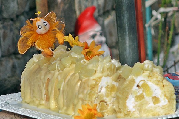 Rulada cu blat din piscoturi in manta de ciocolata alba