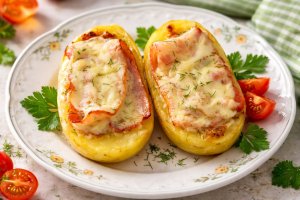 Cartofi umpluti la cuptor cu bacon si cascaval - reteta simpla si delicioasa