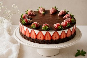 Cheesecake cu capsuni si ciocolata - fara coacere, cremos, delicios si spectaculos