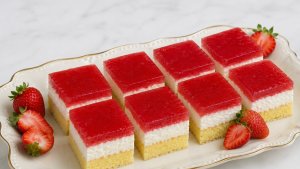 Prajitura cu branza dulce si jeleu de capsuni - desert fin, aromat si usor de preparat